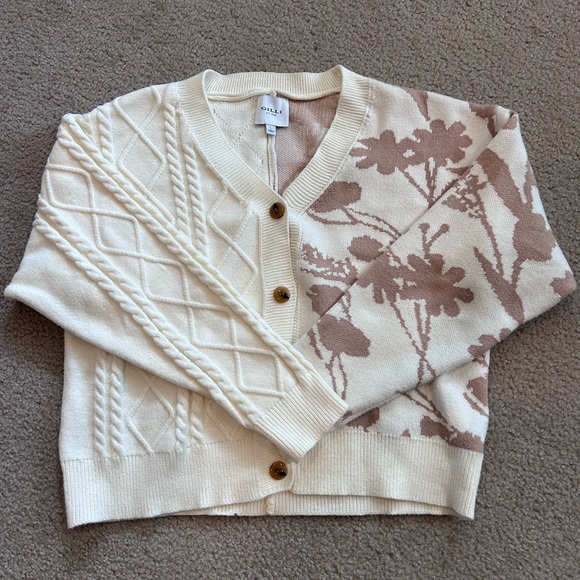 Gilli Sweaters - Gilli Cream and Taupe Floral Cable Knit Cardigan